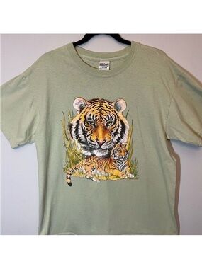 Vintage Gildan 100% Cotton Short Sleeve Tee Light Green Tiger Wildside LA Size L